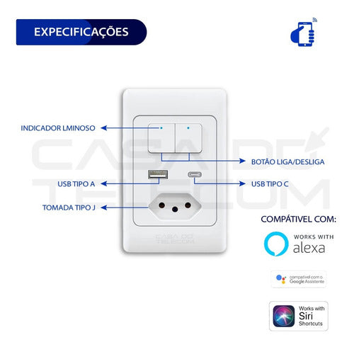 Interruptor 02 Teclas + Tomada Wifi+ Usb + Usb Tipo C Alexa - Salanas® - Salanas