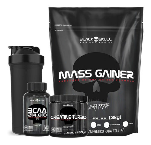 Mass Gainer 3kg + Bcaa + Creatina + Shaker - Black Skull - Salanas® - Salanas