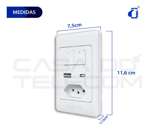 Interruptor 02 Teclas + Tomada Wifi+ Usb + Usb Tipo C Alexa - Salanas® - Salanas